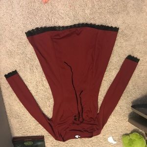 Burgundy dress with black lace trim